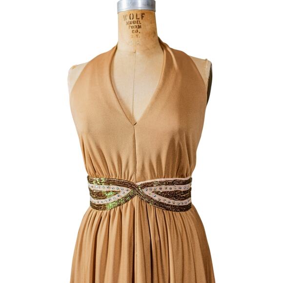 VTG 70s Lee Jordan Halter Maxi Dress Tan Rhinestone Evening Gown, Glam Disco M L - Picture 14 of 16
